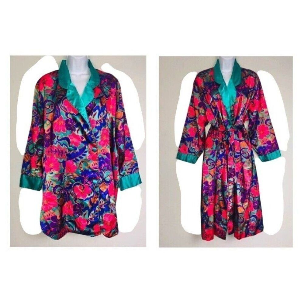 Vintage 90s Robe Nightgown Set Womens M Green Purple Floral Satin